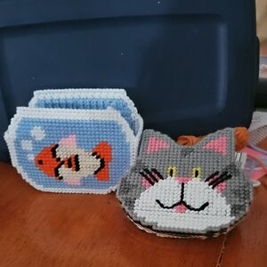 Handmade Cat and Fish Needlepoint Coasters